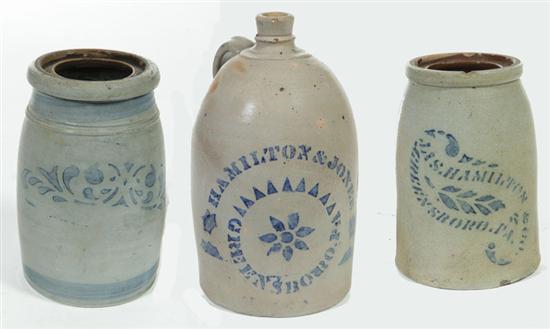 Appraisal: THREE PIECES OF STONEWARE American nd half- th century Stenciled