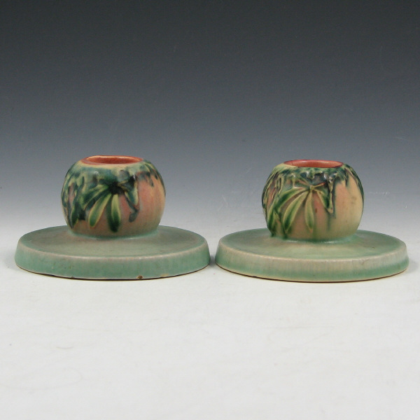 Appraisal: Roseville Moss - Candleholders Roseville Moss candleholders in pink and