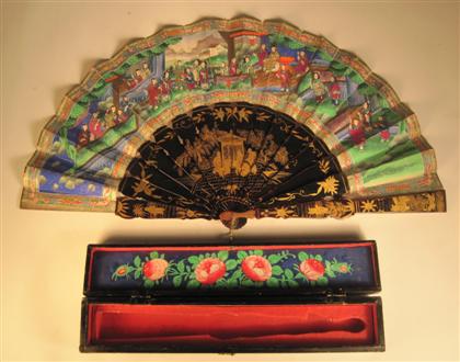 Appraisal: Chinese gilt and black lacquer painted fan th century