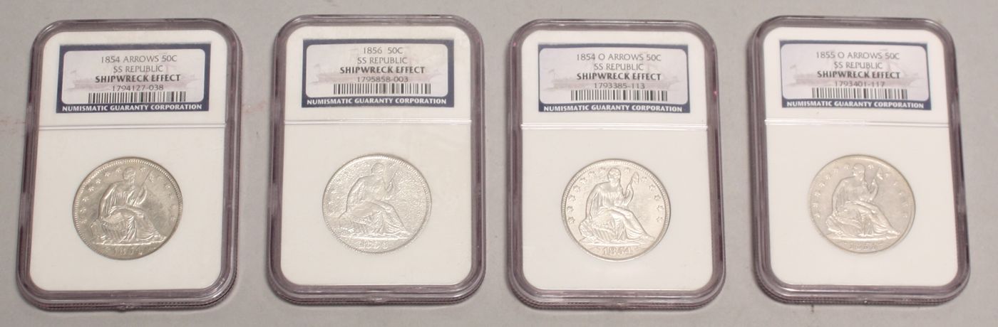 Appraisal: FOUR SHIPWRECK REPUBLIC SLAB HALF DOLLARS For and Found in