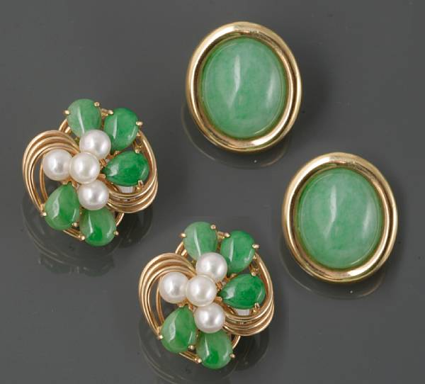 Appraisal: A collection of three pair of jade cultured pearl and