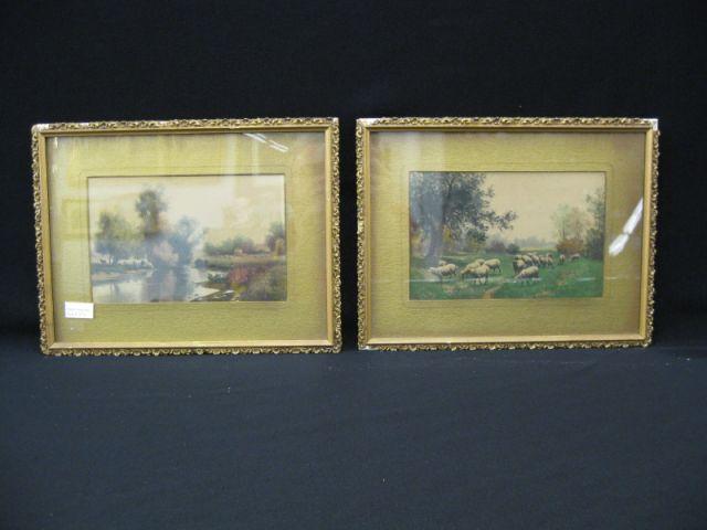 Appraisal: Victorian Watercolors sheep in the countryside image area approx x