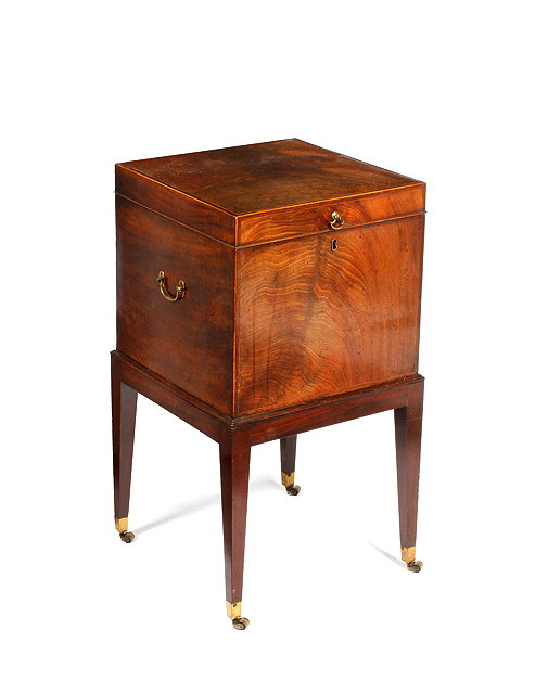 Appraisal: A GEORGE III MAHOGANY SQUARE CELLARETTE with rosewood and boxwood