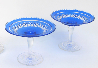 Appraisal: PAIR MARINA BLUE CUT CRYSTAL TAZZAS in cobalt blue with