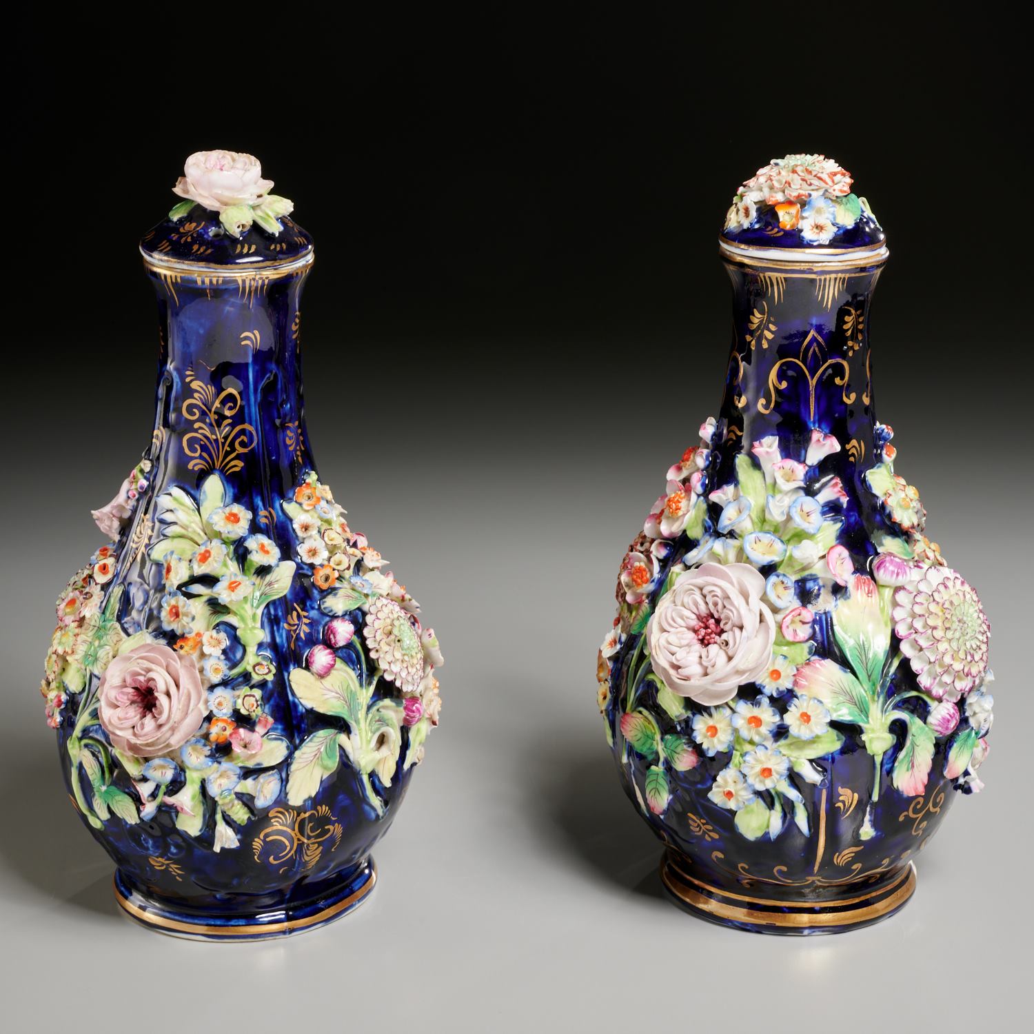 Appraisal: PAIR DERBY FLOWER ENCRUSTED VASES AND COVERS c England gilt