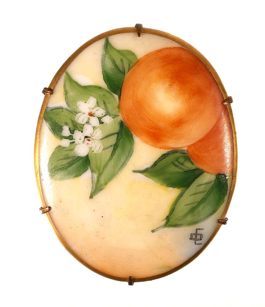 Appraisal: OLIVE COMMONS Cameona Oranges Pin Florida oranges painted on porcelain