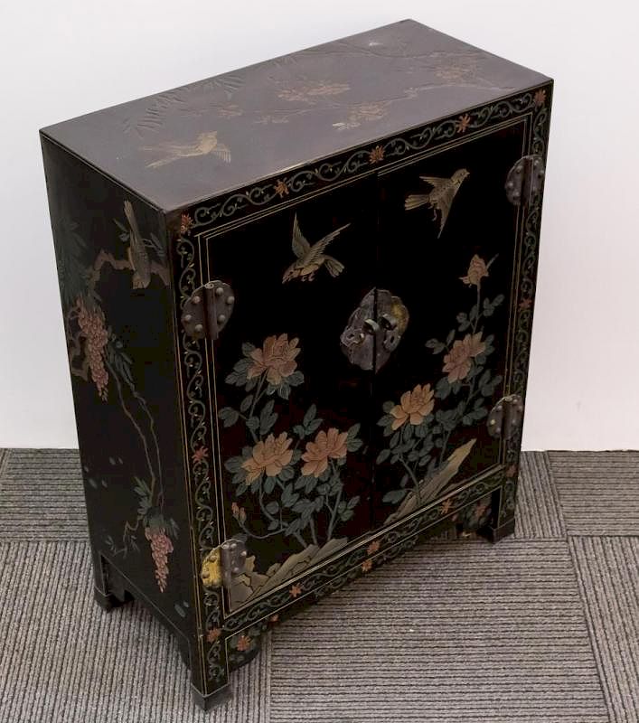 Appraisal: Chinese Coromandel Black Lacquer Chest Vintage Chinese coromandel carved and