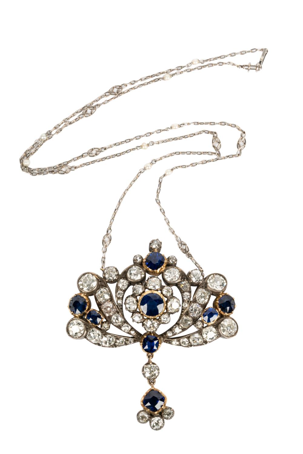 Appraisal: VICTORIAN SILVER-TOPPED KARAT YELLOW GOLD DIAMOND SAPPHIRE PENDANT NECKLACEcontaining eight