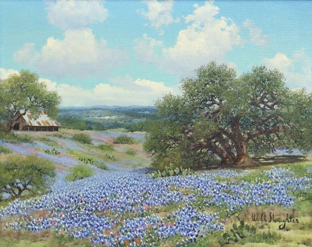 Appraisal: Framed oil on canvas painting Bluebonnets and Cabin signed lower