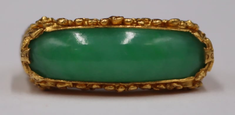 Appraisal: JEWELRY CHINESE HIGH KARAT GOLD AND JADE SADDLE Ring Signed