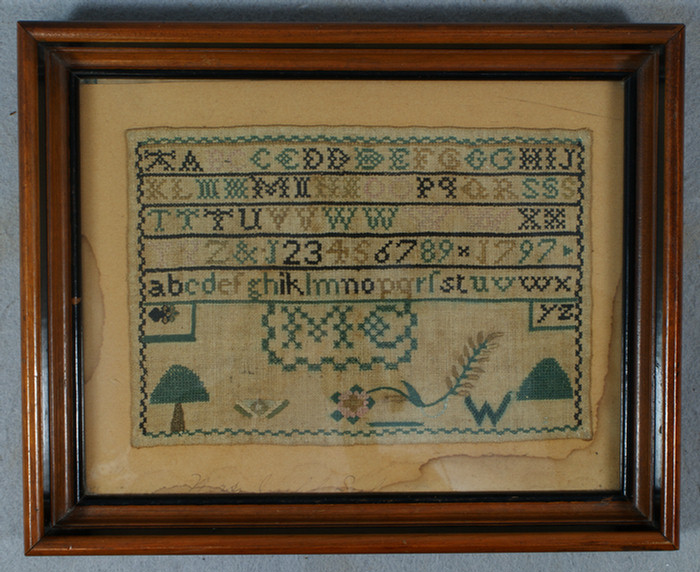 Appraisal: needlework sampler signed MC x in a walnut Victorian frame