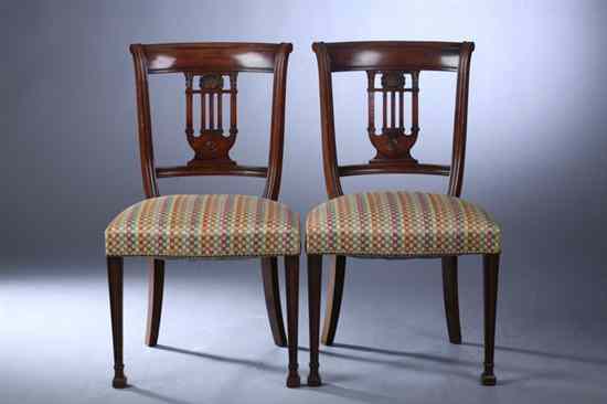 Appraisal: SET SIX CLASSICAL MAHOGANY SIDE CHAIRS th century Back-scrolled crest