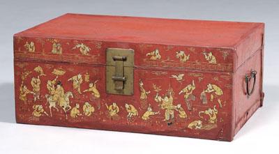 Appraisal: Chinese red leather trunk front with gilt quot Boys quot