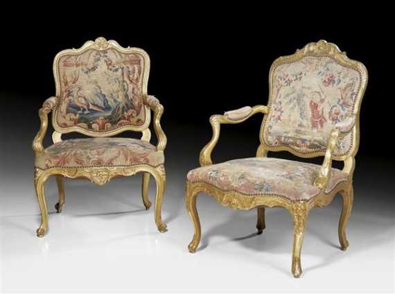 Appraisal: PAIR OF LARGE TAPESTRY FAUTEUILS A LA REINE Louis XV