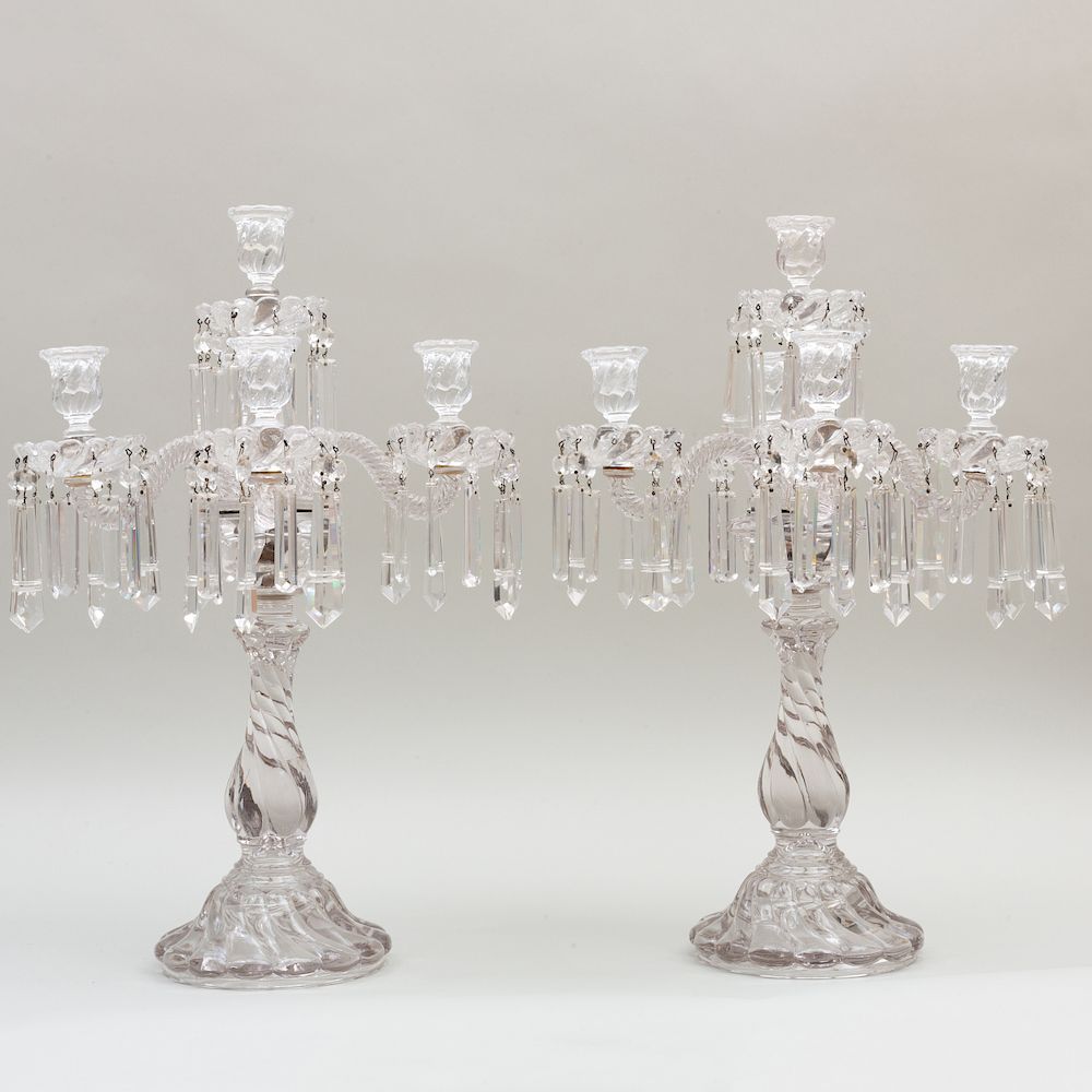 Appraisal: Pair of French Molded and Cut Glass Five Light Candelabra