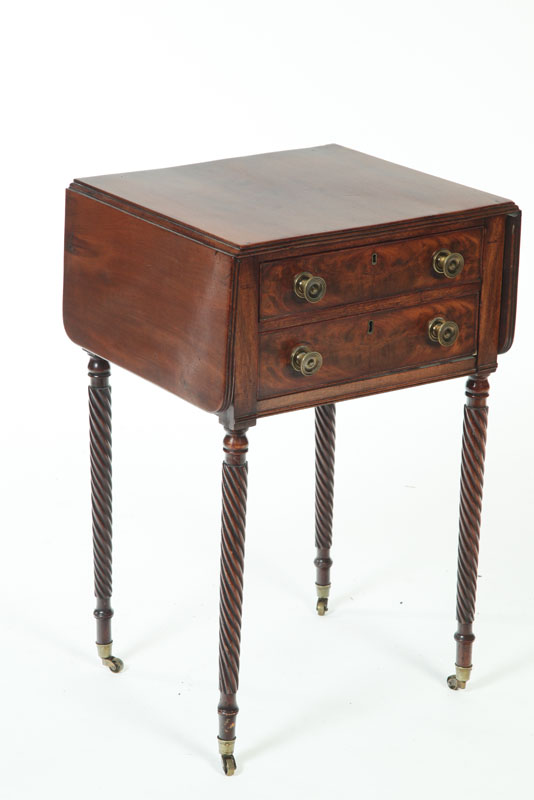 Appraisal: SHERATON DROP-LEAF WORK TABLE American th century mahogany Figured veneer