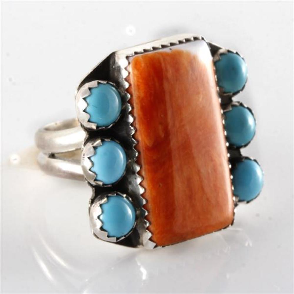 Appraisal: VINTAGE NATIVE AMERICAN INDIAN STERLING RING WITH SIX TURQUOISE STONES