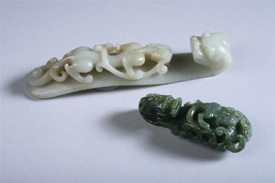 Appraisal: CHINESE CELADON AND SPINACH JADE DRAGON BELT HOOKS - in