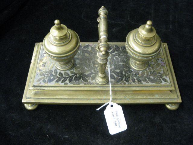 Appraisal: Victorian Brass Inkstand double well center handle footed x