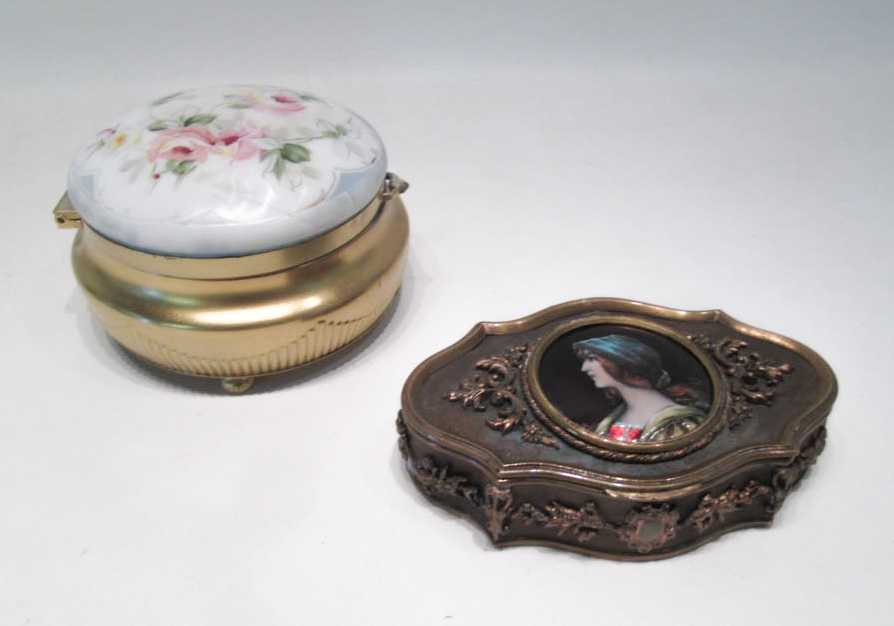 Appraisal: TWO VANITY BOXES the first Pairpoint circular lidded box with