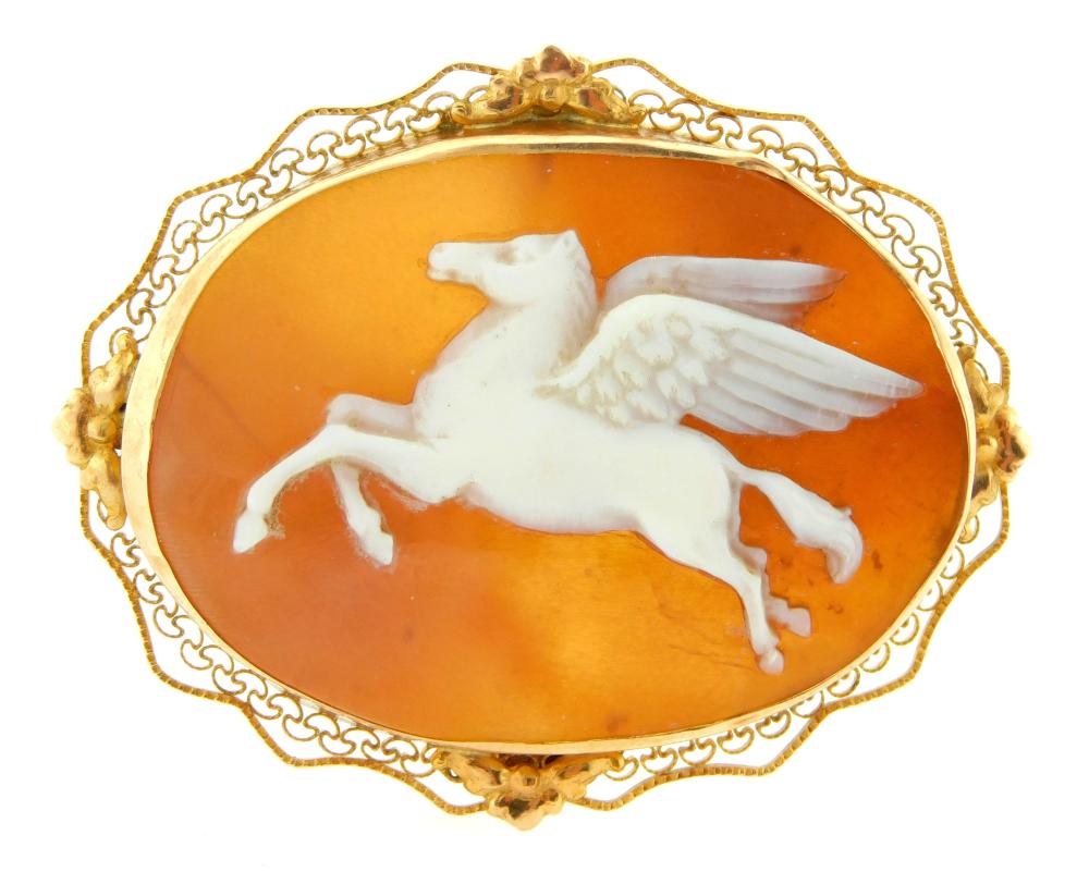 Appraisal: JEWELRY K CAMEO PIN PENDANT WITH PEGASUS DESIGN OVAL SETTING