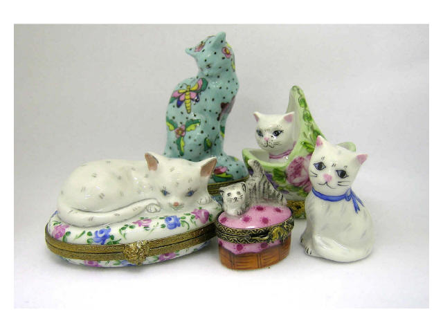 Appraisal: Lot of five Limoges hinged porcelain boxes all figural cat