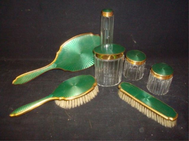 Appraisal: Piece Green Guilloche Brass Glass Vanity Set One stamped Made