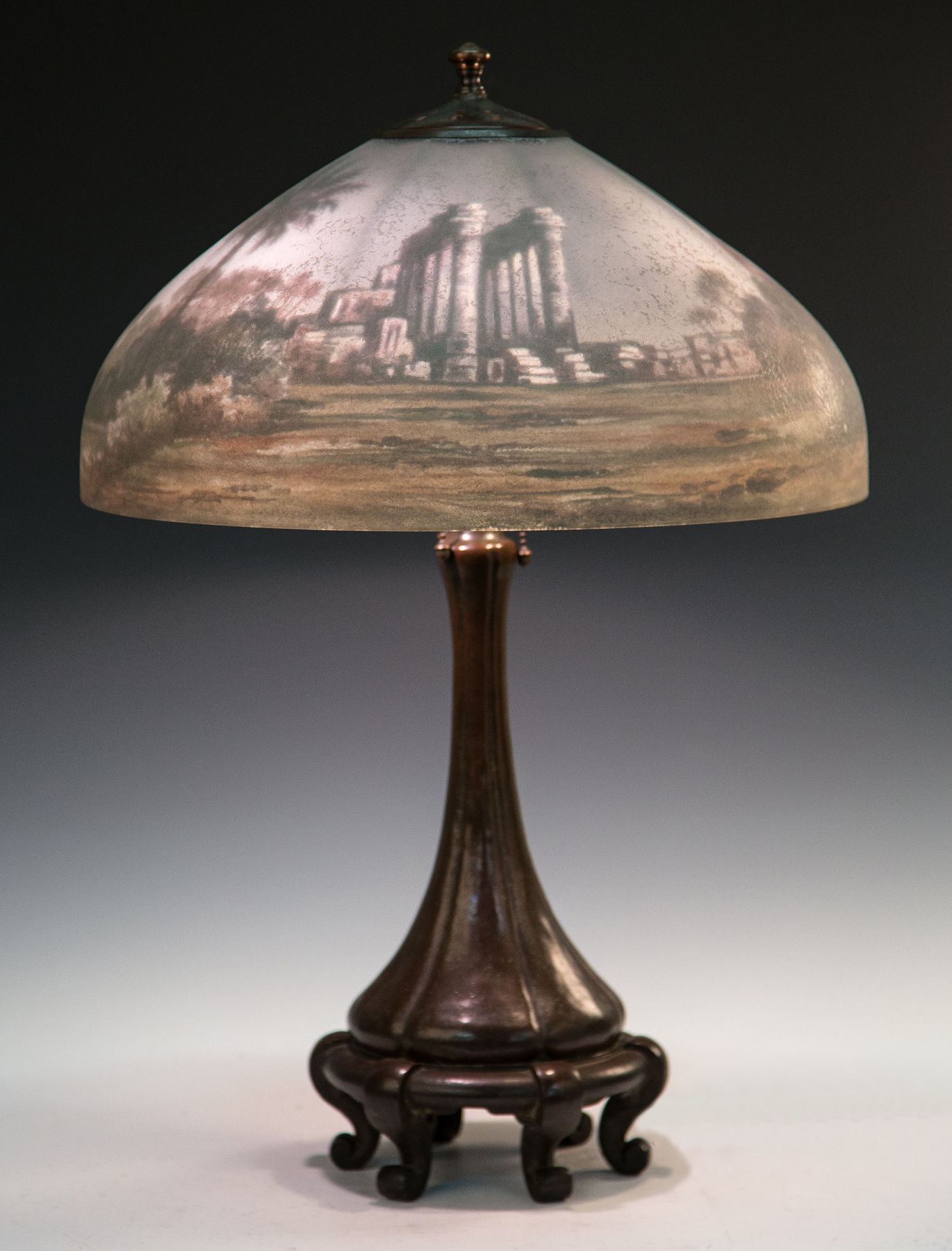 Appraisal: Handel Reverse Painted Egyptian Ruins Lamp Early th cent Shade