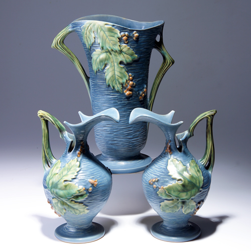 Appraisal: Three ROSEVILLE blue Bushberry pieces to include a tall vase