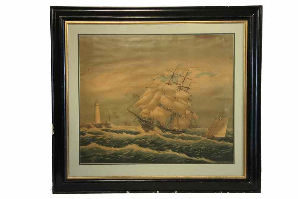 Appraisal: CHROMOLITHOGRAPH- Titled 'Entering Port' depicts three-masted ship with topsail reefed