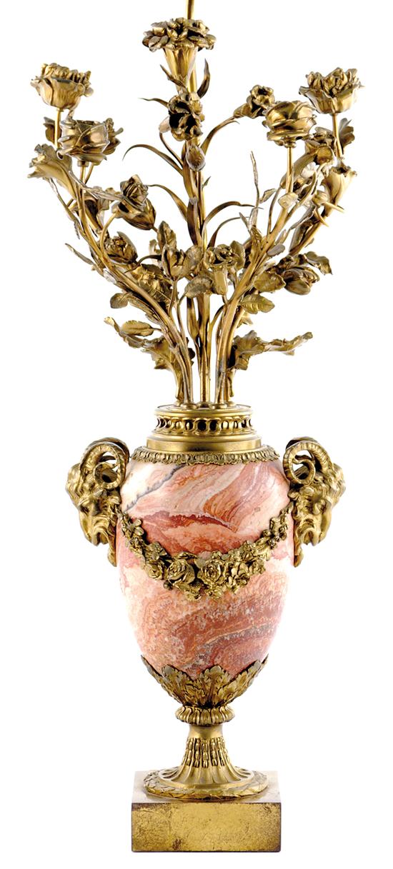 Appraisal: French ormolu mounted marble urn-form candelabra early th century ovoid