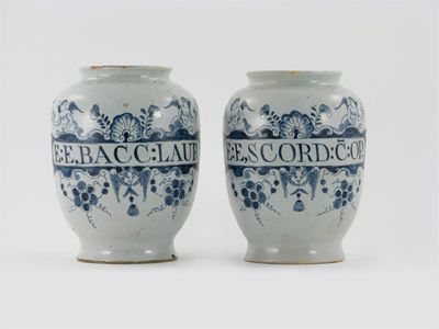 Appraisal: A pair of delftware dry drug jars each painted with