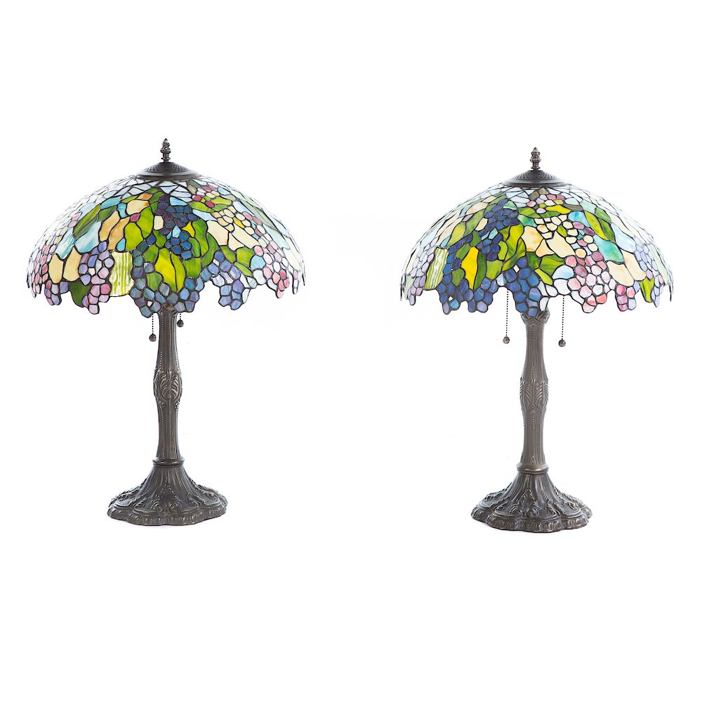 Appraisal: Pair Tiffany Style Leaded Glass Table Lamps each with patinated