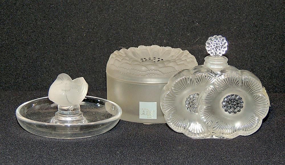 Appraisal: Lalique Glass Grouping Grouping to include Pin tray covered dresser