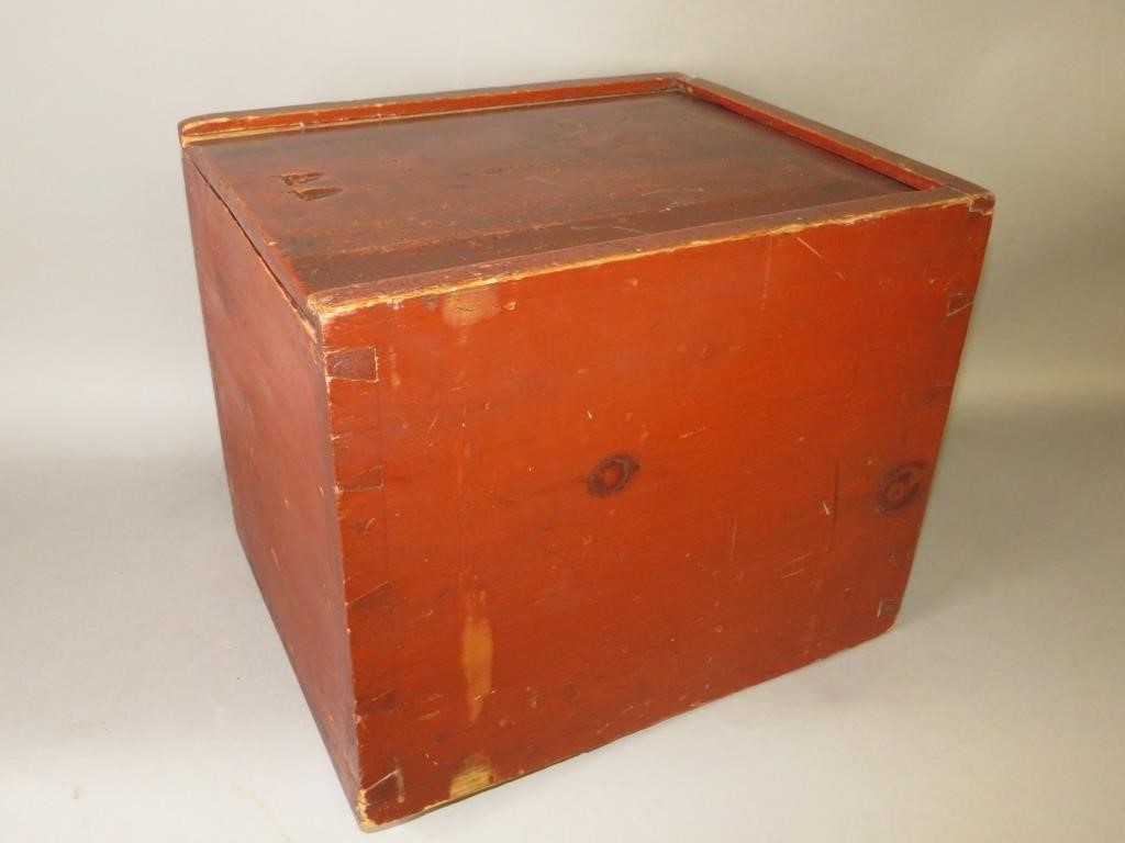 Appraisal: LARGE RED SLIDE LID BOXca mid th century dovetail constructed