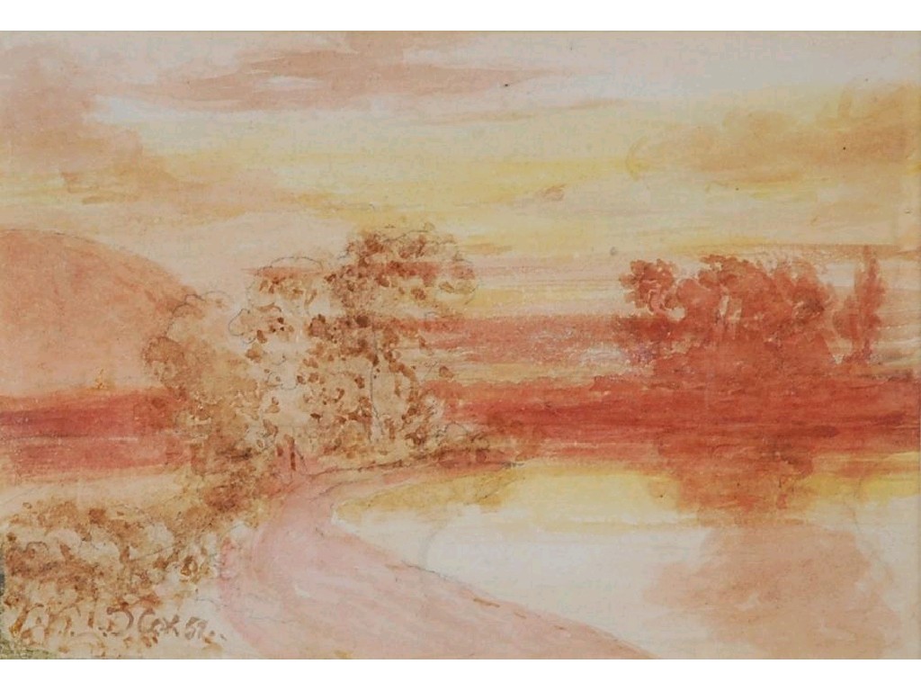 Appraisal: BRITISH SCHOOL nineteenth century WATERCOLOUR River landscape at sunset bearing