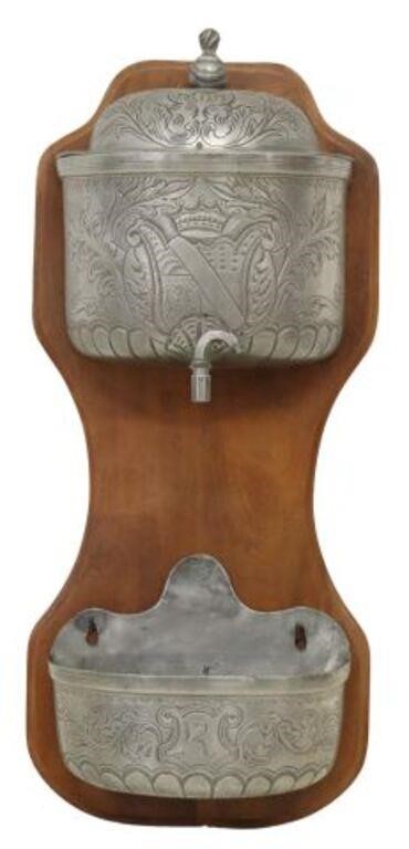 Appraisal: CONTINENTAL PEWTER WALL-MOUNTED LAVABO ON STANDContinental pewter lavabo late th