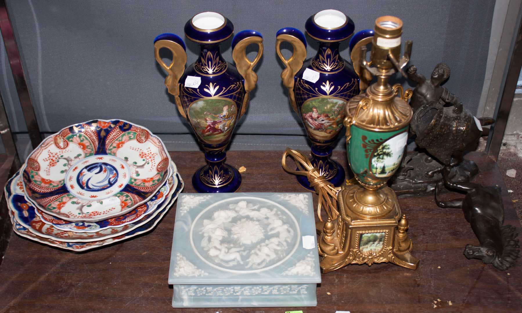 Appraisal: Assortment of decorative items including pair of Limoges urns metal