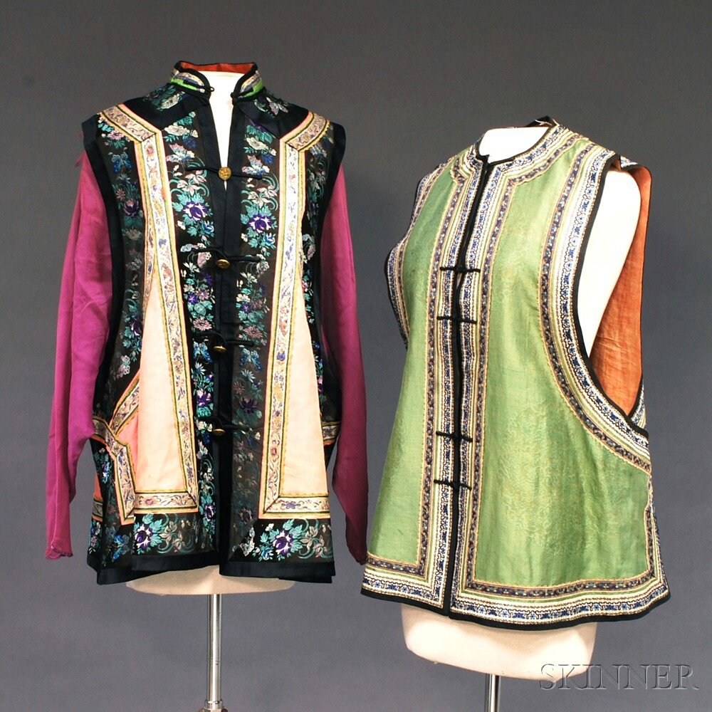 Appraisal: Two Embroidered Woven Silk and Organza Vests China th th