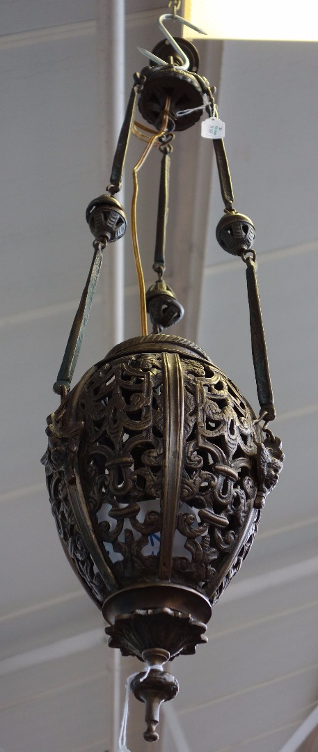 Appraisal: Two similar Continental bronze lanterns th century each pierced oviform