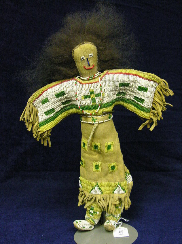 Appraisal: NATIVE AMERICAN HIDE BEADED DOLL ANIMAL HAIR Early American doll