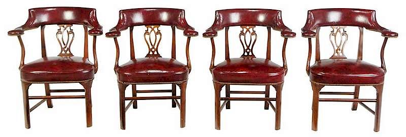 Appraisal: Set Four Red Leather Upholstered Armchairs Hickory North Carolina th