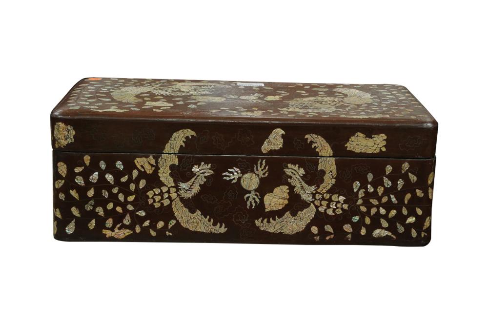 Appraisal: KOREAN MOTHER OF PEARL INLAID CARVED WOOD TRUNK inches wide