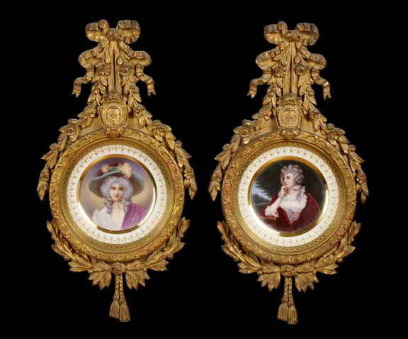 Appraisal: Attractive Pair of English Giltwood-Framed Gilded and Polychromed Porcelain Cabinet