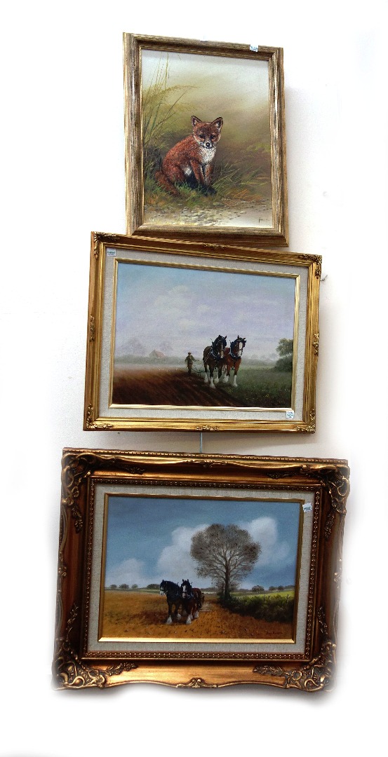 Appraisal: Reg Brown British th Century Horses ploughing a field a