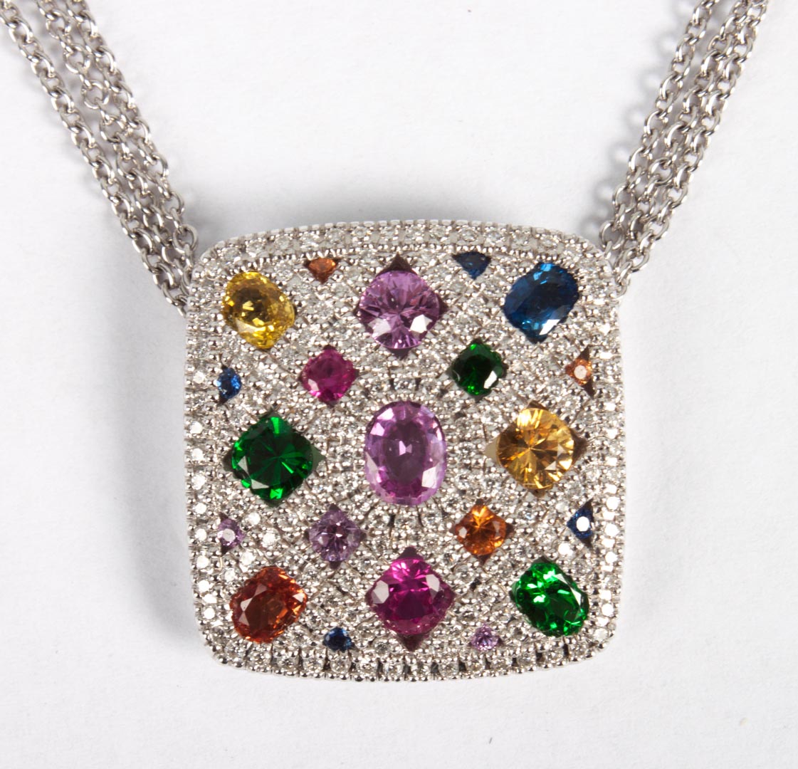 Appraisal: K diamond multicolored sapphire necklace white gold square pendant about