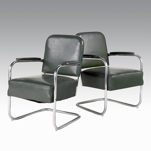 Appraisal: STYLE OF WARREN McARTHUR Pair of tubular metal armchairs upholstered