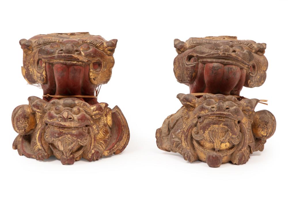 Appraisal: Pair of Antique Carved Giltwood and Red Painted Foo Dog