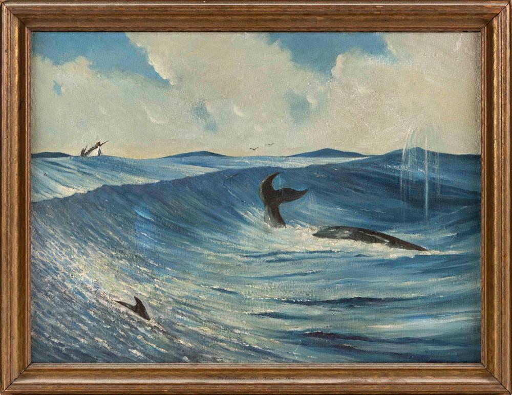 Appraisal: PAINTING OF A WHALING SCENE OIL ON CANVAS X FRAMED