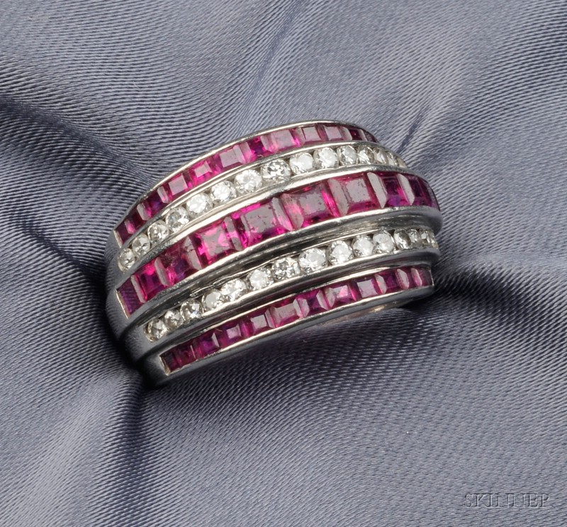 Appraisal: Platinum Ruby and Diamond Ring the stepped mount channel-set with